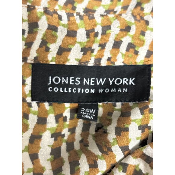 Jones New York Collection Woman 24W Brown & White Print Button-Down Blouse With - Picture 6 of 10